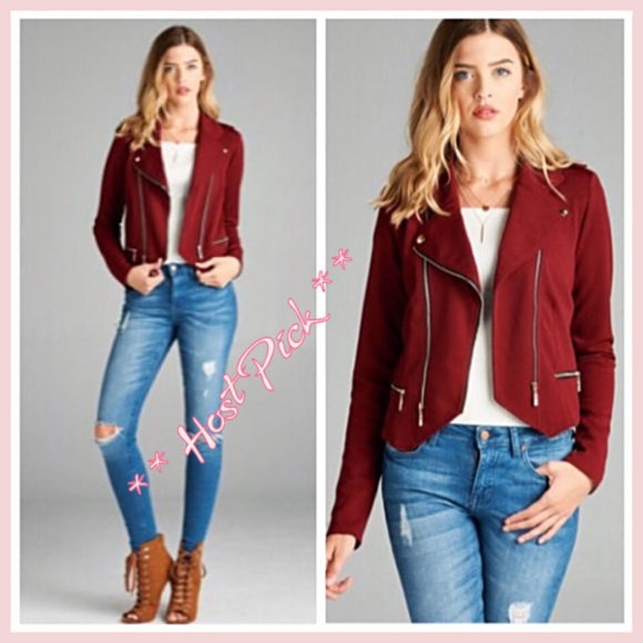 Couture Jackets & Blazers - SALE NWT Moto Short Jacket Burgundy Gold Zip S